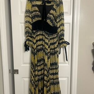 Free People Black and Gold A-line Maxi Dress with Bishop Sleeves